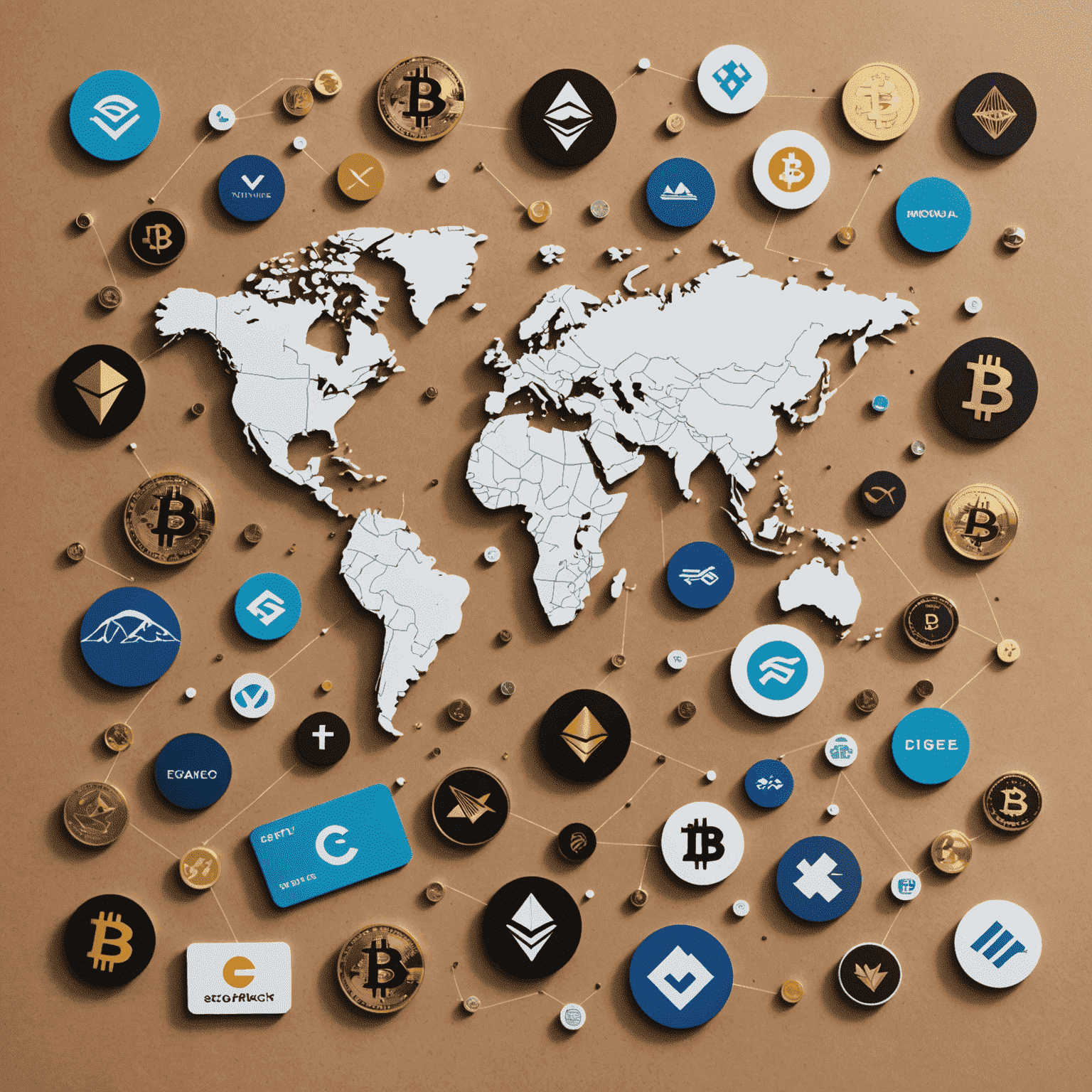 A sophisticated collage showcasing various digital gift cards, cryptocurrency symbols, and a global map, representing the interconnectedness of modern digital economy