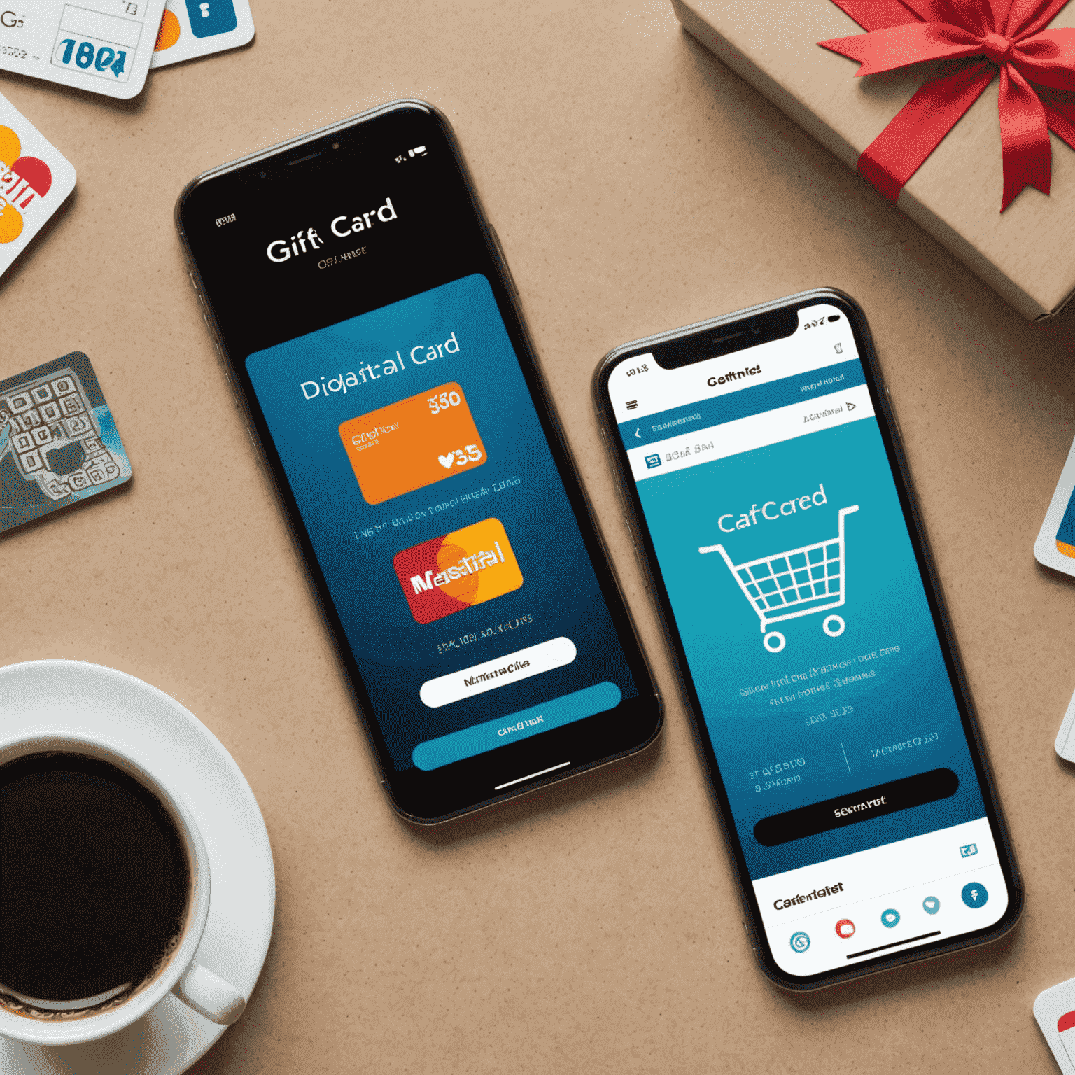 A collage showing the transition from physical gift cards to digital gift card codes on smartphones, with e-commerce icons in the background