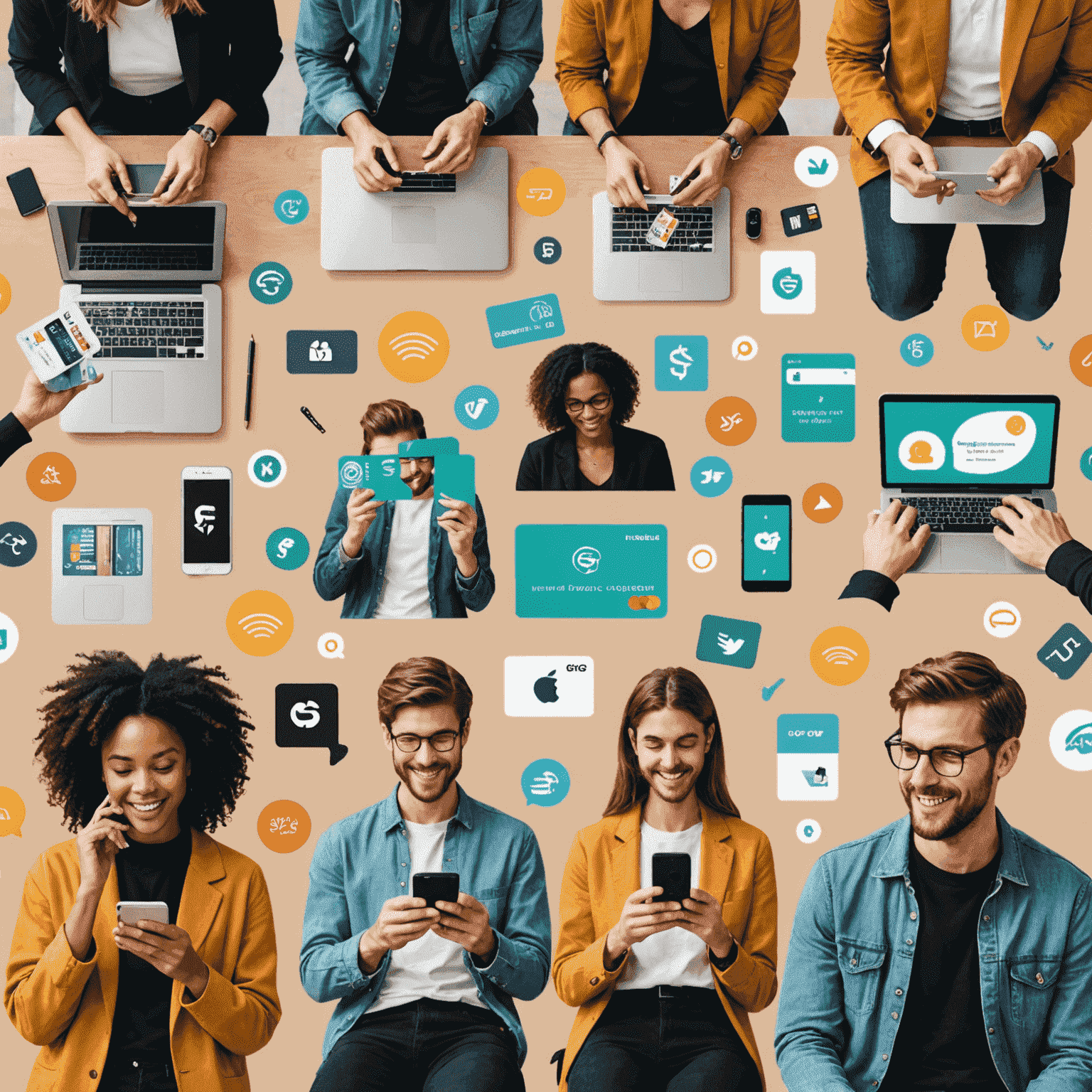 A collage showing various gig economy workers using smartphones with gift card icons floating above, symbolizing new payment methods in freelance work