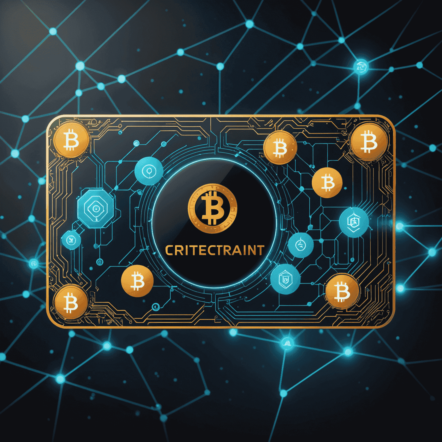A futuristic image showing a digital gift card with cryptocurrency symbols and blockchain connections, representing the integration of blockchain technology in gift card systems