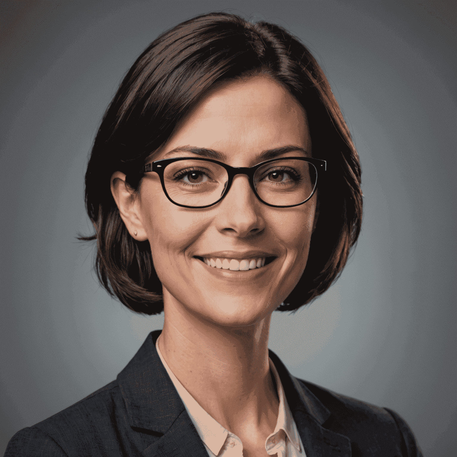 Portrait of Jane Doe, a woman in her 30s with short dark hair and glasses, smiling confidently in a professional setting
