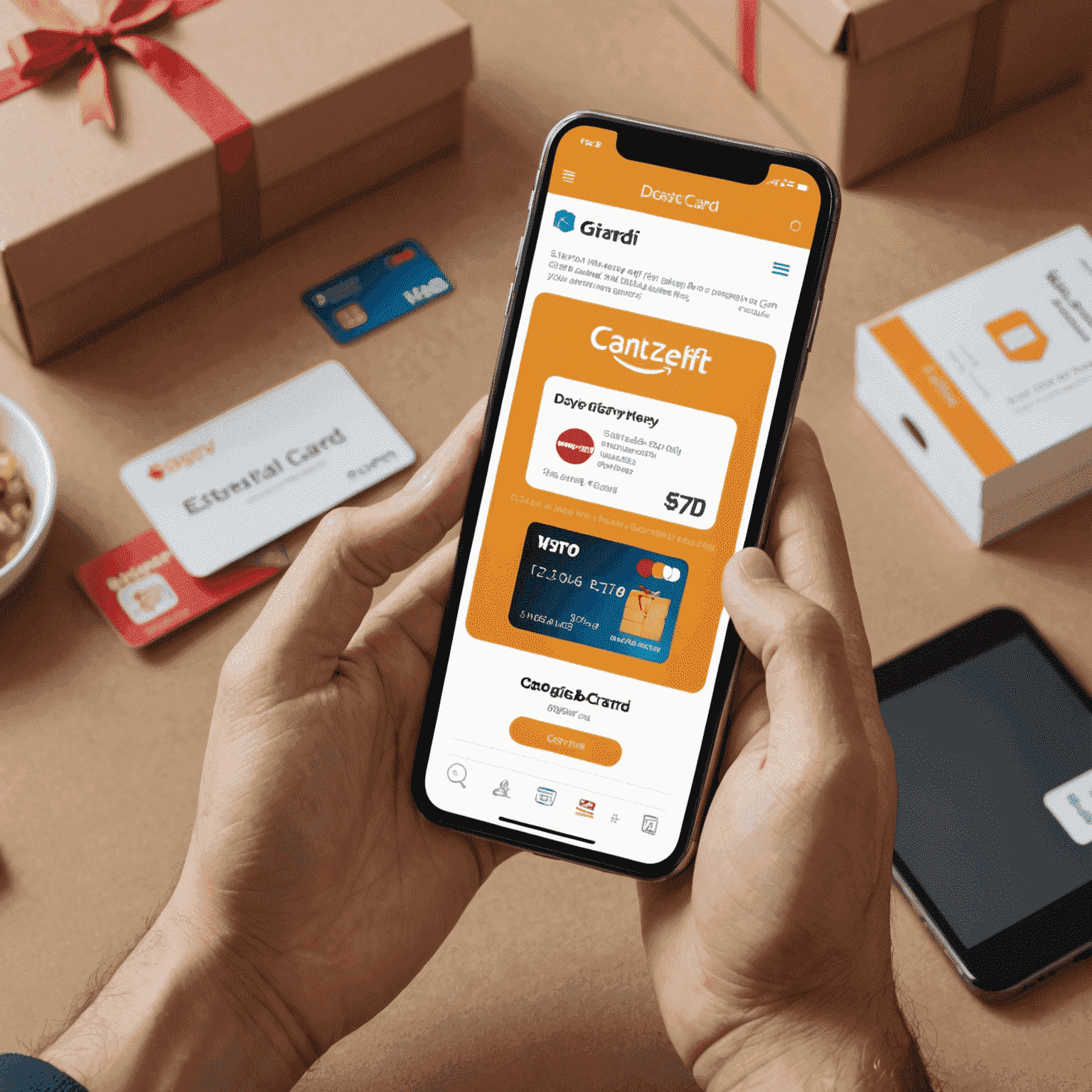 A delivery person receiving a digital gift card on their smartphone after completing a successful delivery, with various store logos visible on the gift card