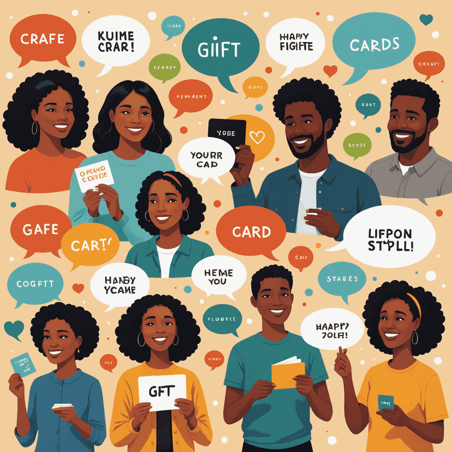 A collage of happy people exchanging gift cards, with thought bubbles showing various gift ideas and emotions