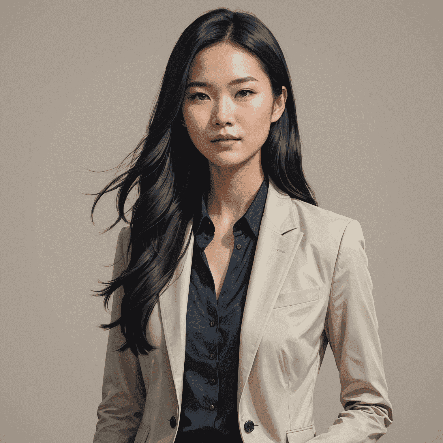 Portrait of Emily Chen, a young Asian woman with long black hair, wearing a stylish blazer and exuding confidence