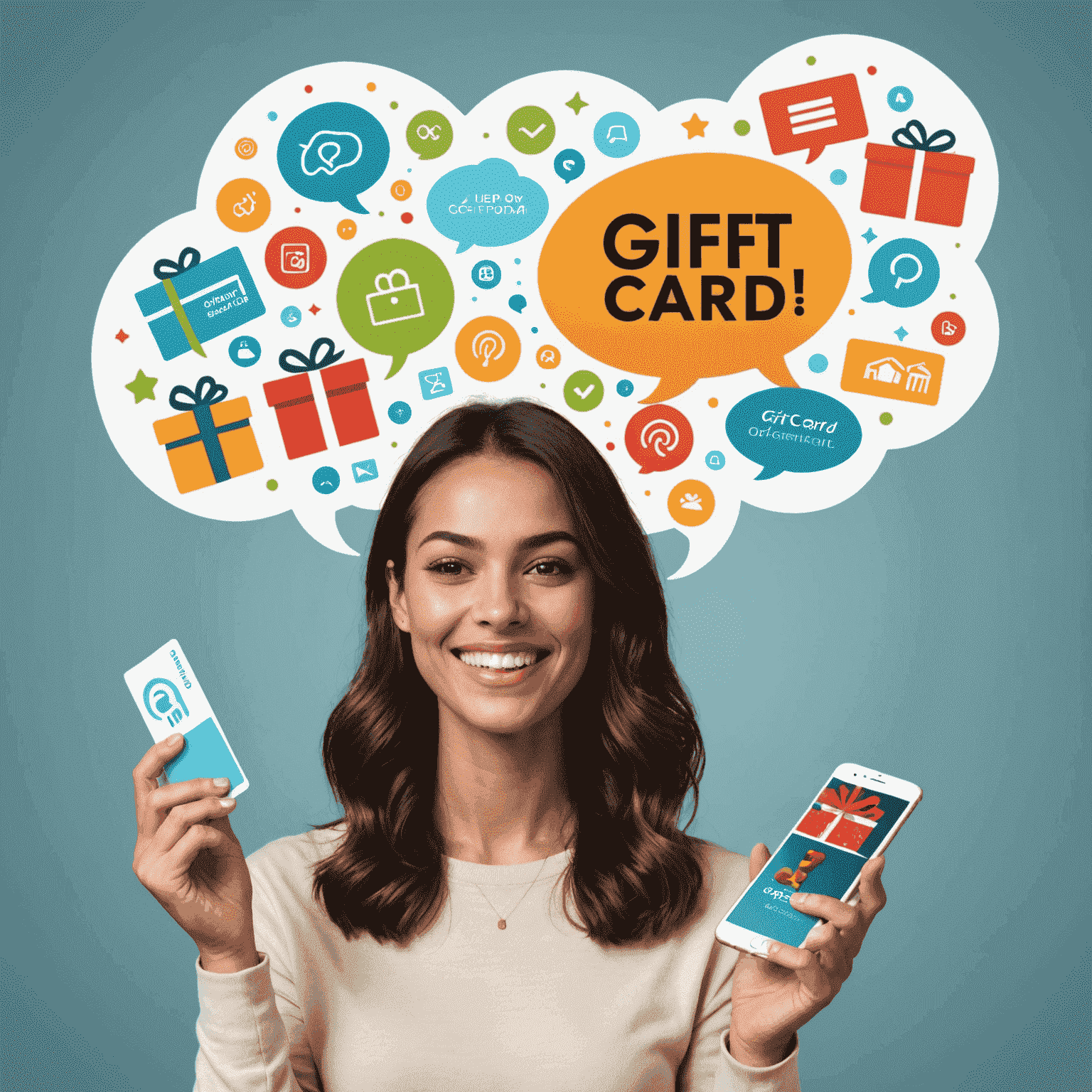 A person holding a digital gift card with a thought bubble containing various gift ideas, illustrating the psychology behind gift card popularity.