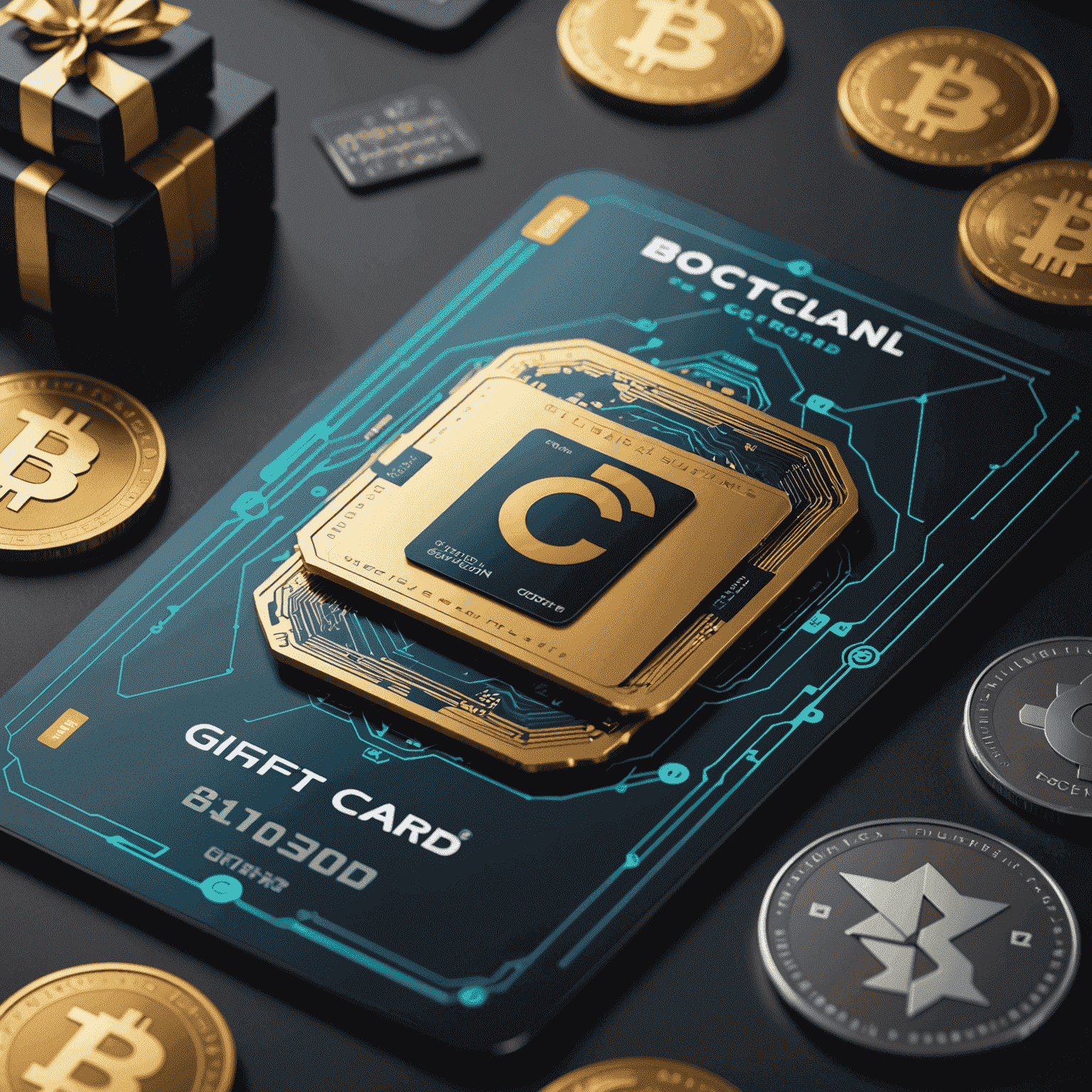 A futuristic interface showing gift cards integrated with blockchain technology and various cryptocurrency symbols